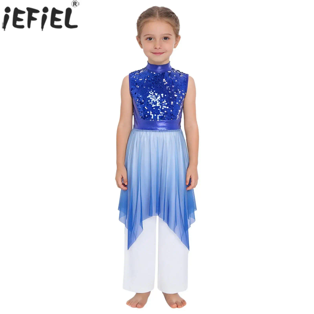 6-16Y Girls Worship Praise Liturgical Choir Performance Costume Sleeveless Sequins Bodice Tunic Lyrical Dance Dress with Pants 6-16Y Girls Worship Praise Liturgical Choir Performance Costume Sleeveless Sequins Bodice Tunic Lyrical Dance Dress with Pants