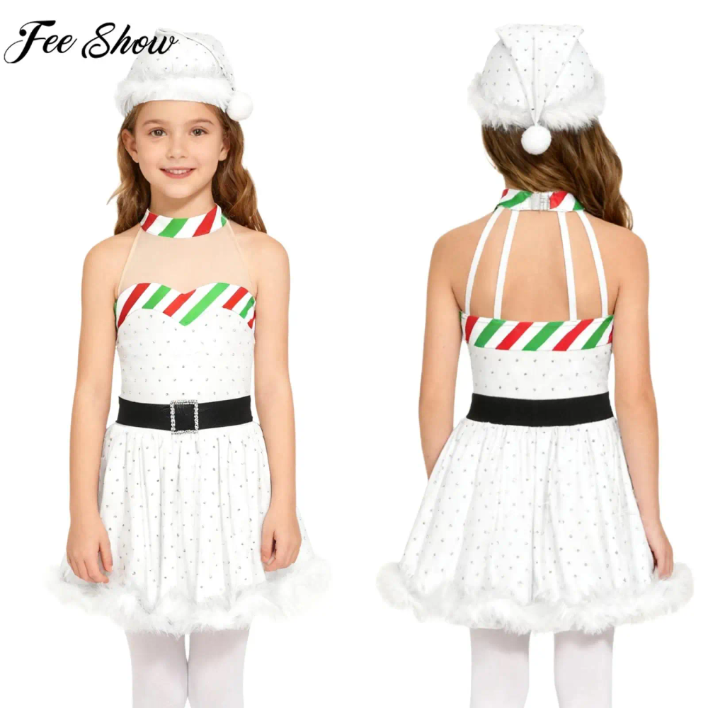 Children Girls Christmas Santa Claus Elf Snowman Cosplay Dress Shiny Rhinestones Ballet Dance Skating Leotard Tutu with Xmas Hat Children Girls Christmas Santa Claus Elf Snowman Cosplay Dress Shiny Rhinestones Ballet Dance Skating Leotard Tutu with Xmas Hat