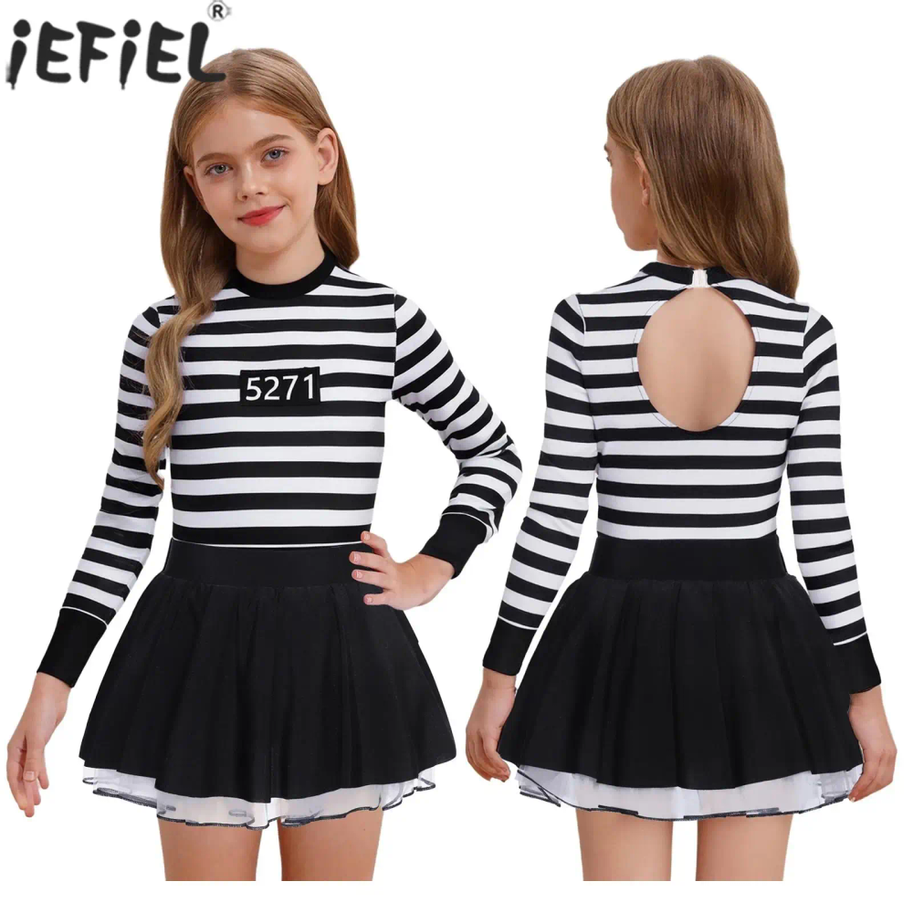 Children Girls Halloween Prisoner Cosplay Dress Jailbird Convict Criminal Role Play Costume Long Sleeve Striped Leotard Tutu Children Girls Halloween Prisoner Cosplay Dress Jailbird Convict Criminal Role Play Costume Long Sleeve Striped Leotard Tutu