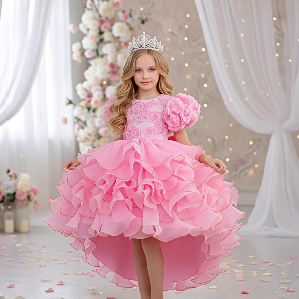 KLFLGD Girls party dresses pink puff sleeves embroidered tail cake princess elegant gorgeous catwalk dress flower girl costume KLFLGD Girls party dresses pink puff sleeves embroidered tail cake princess elegant gorgeous catwalk dress flower girl costume