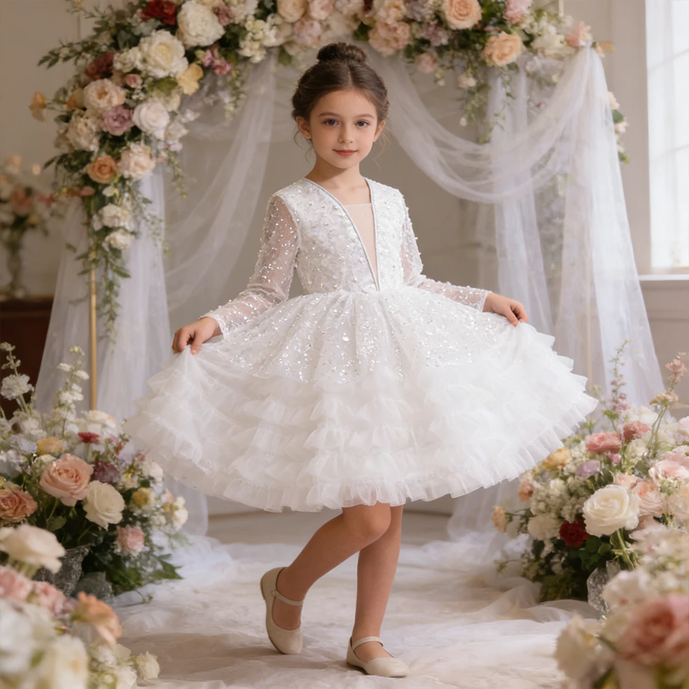 White Costume for Girls Puffy Dress Long Sleeve Sequin Evening Dress Girl Princess Dress Gown Flower Girl Wedding Dress Birthday White Costume for Girls Puffy Dress Long Sleeve Sequin Evening Dress Girl Princess Dress Gown Flower Girl Wedding Dress Birthday