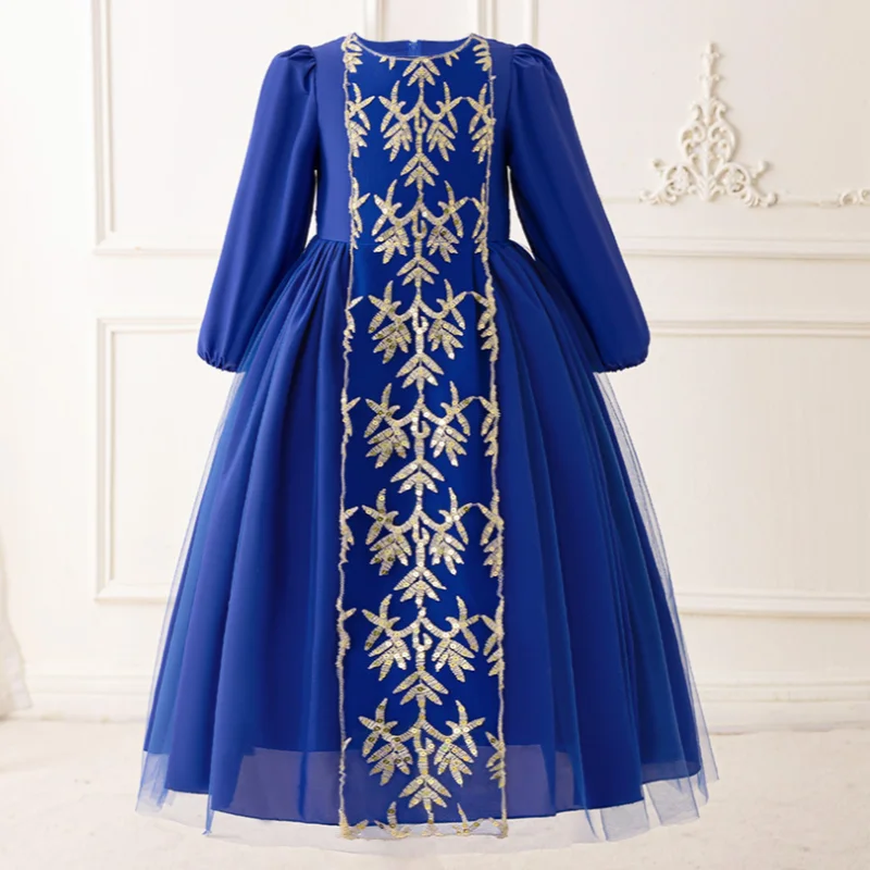 New Muslim Middle East Robe Dress Mesh Spliced Long Sleeved Dress School Party Walk Fashion Bright Blue Dress for 4-7 Years New Muslim Middle East Robe Dress Mesh Spliced Long Sleeved Dress School Party Walk Fashion Bright Blue Dress for 4-7 Years