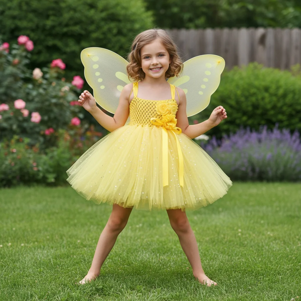 Girls yellow Glitter Tutu Dress Kids Flower Fairy Dress with Butterfly Wing Set Children Party Costume Sparkled Stars Dresses Girls yellow Glitter Tutu Dress Kids Flower Fairy Dress with Butterfly Wing Set Children Party Costume Sparkled Stars Dresses