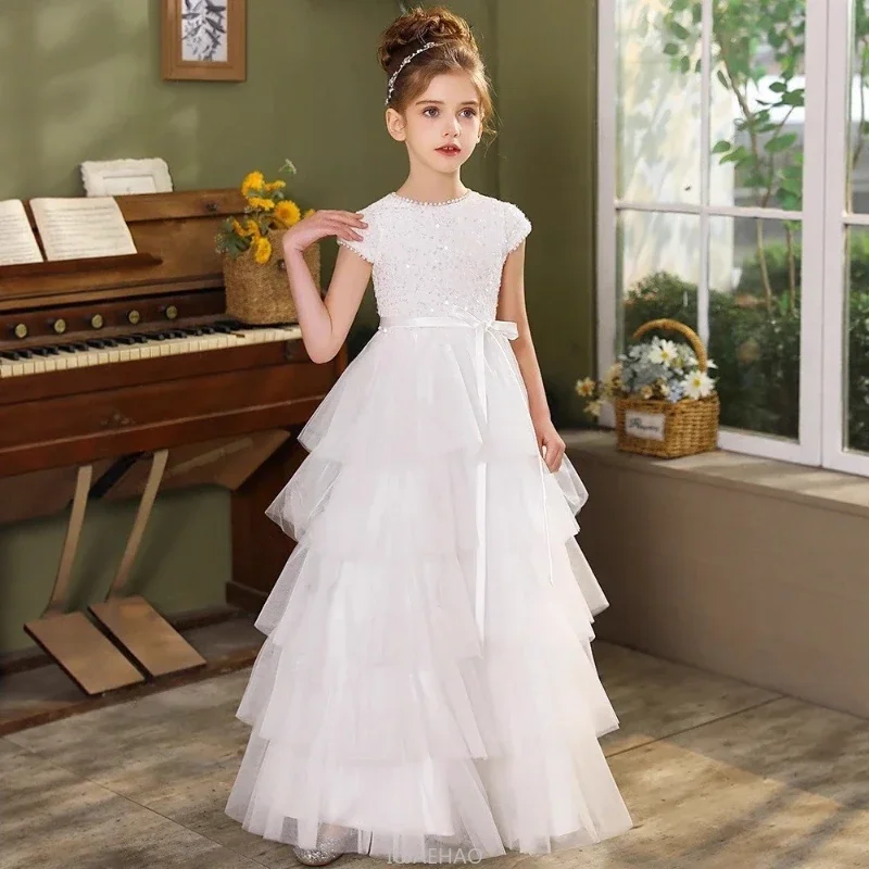 Wed Dress 2025 New White Girls Cake Dresses Children Sweet Birthday Party Princess Gown Kids Costume Pageant Piano Performance Wed Dress 2025 New White Girls Cake Dresses Children Sweet Birthday Party Princess Gown Kids Costume Pageant Piano Performance