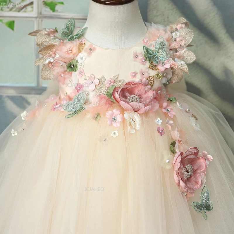 Girls Lolita Dress 3D Flowers Puffy Tulle Pearl Flower Girl Princess Gown Celebration Evening Dresses Kids Birthday Party Formal Girls Lolita Dress 3D Flowers Puffy Tulle Pearl Flower Girl Princess Gown Celebration Evening Dresses Kids Birthday Party Formal