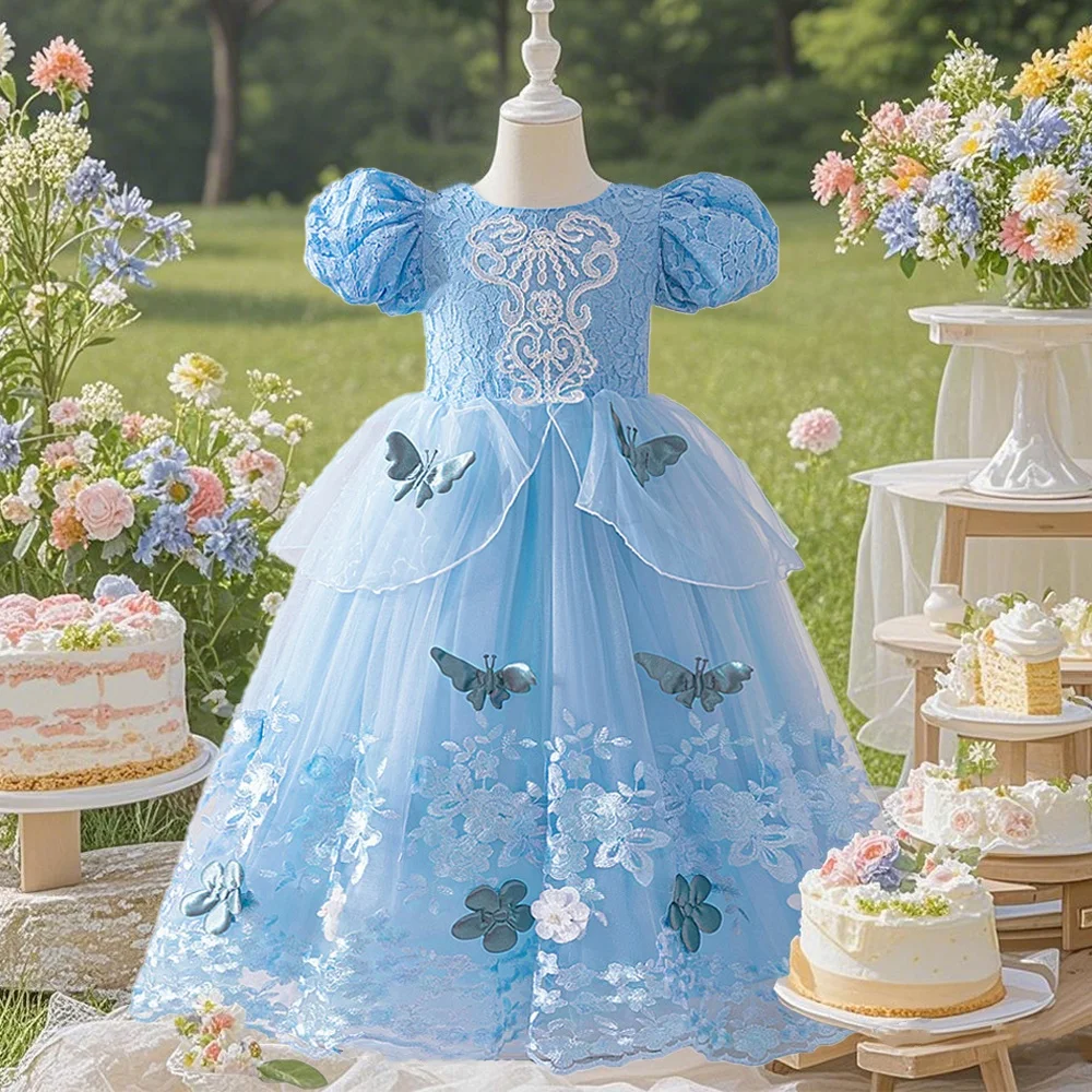 Bubble sleeve princess dress fairy tale world princess dress butterfly flower embroidery blue dress fashionable and elegant dres Bubble sleeve princess dress fairy tale world princess dress butterfly flower embroidery blue dress fashionable and elegant dres