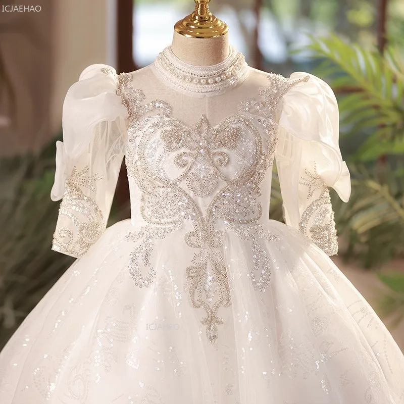 New Girls White Flower Girl Wedding Dress Children Middle Sleeve Puffy Performance Pageant Formal Princess Party Gown for Host New Girls White Flower Girl Wedding Dress Children Middle Sleeve Puffy Performance Pageant Formal Princess Party Gown for Host