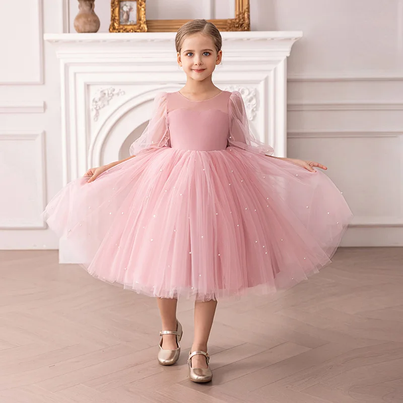 Children Dresses V-Back Big Bow Pearls Princess Dress Birthday Party Tulle Dress For Girls Performance Wedding Prom Fluffy Gown Children Dresses V-Back Big Bow Pearls Princess Dress Birthday Party Tulle Dress For Girls Performance Wedding Prom Fluffy Gown