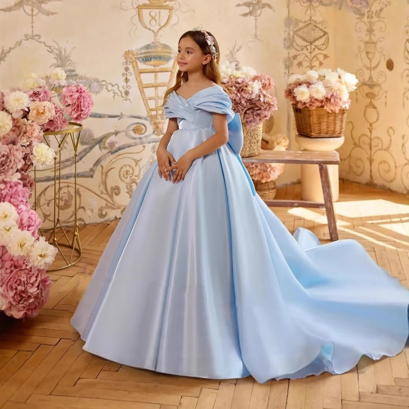 Girls Blue Pageant Dress with Train Flower Girl Birthday Performance Gown Piano Recital Party Children Formal Gown Wedding Show Girls Blue Pageant Dress with Train Flower Girl Birthday Performance Gown Piano Recital Party Children Formal Gown Wedding Show