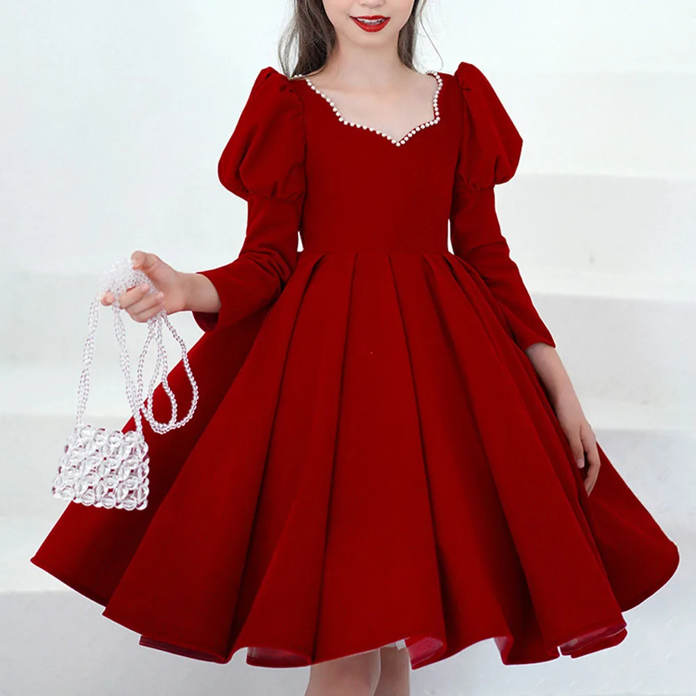 Noble Princess Evening Dress Mesh Solid Red Ball Gown Children Christmas Party Dress Flower Girl Wedding Dress for 2-10 Year Kid Noble Princess Evening Dress Mesh Solid Red Ball Gown Children Christmas Party Dress Flower Girl Wedding Dress for 2-10 Year Kid