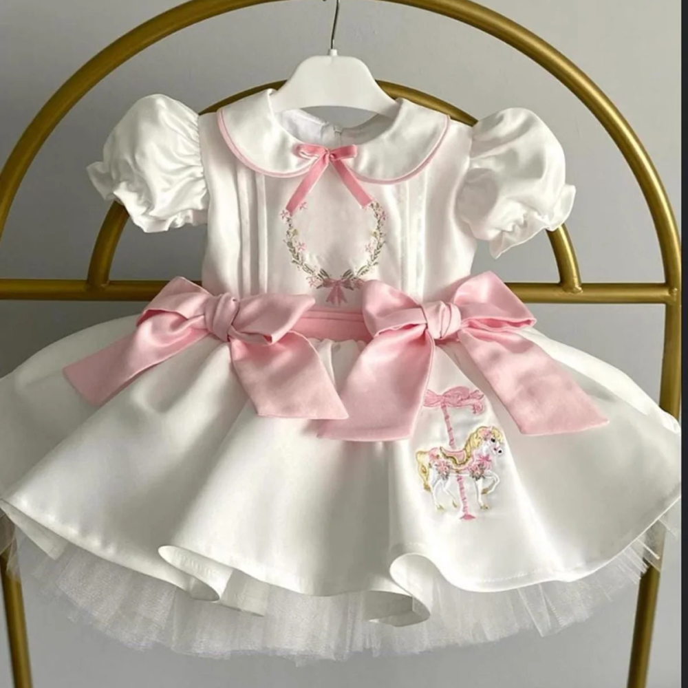 Summer Girl Sweet Carousel Embroidery Pink Bow White Puffy Dress for Casual Party Birthday Wedding Photography Summer Girl Sweet Carousel Embroidery Pink Bow White Puffy Dress for Casual Party Birthday Wedding Photography