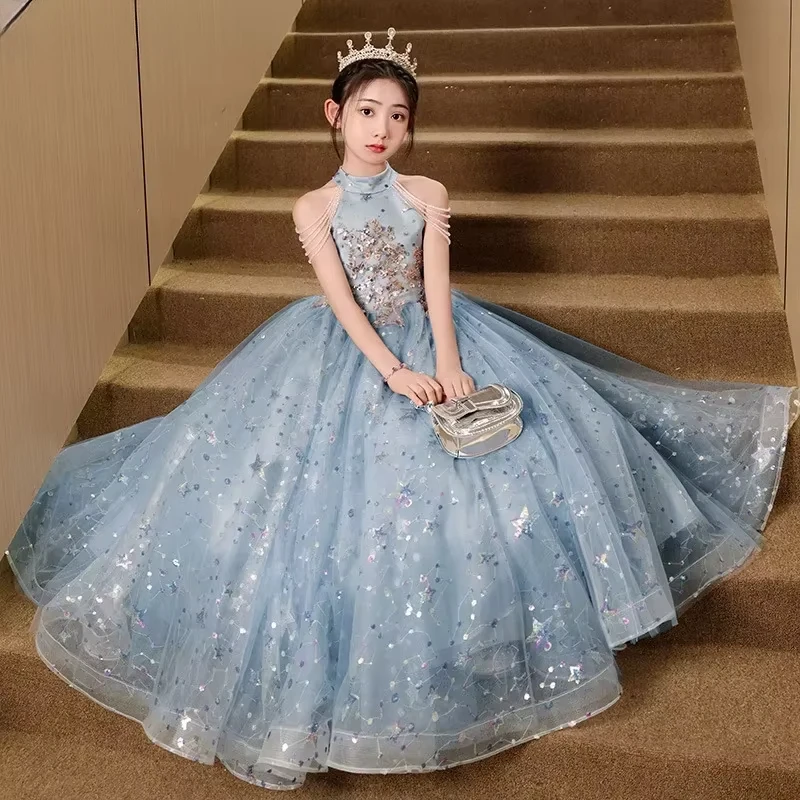 2025 Blue Girls' Dress Summer Light Luxury Niche High-end Princess Matching Performance Clothes Children's Host Piano 2025 Blue Girls' Dress Summer Light Luxury Niche High-end Princess Matching Performance Clothes Children's Host Piano