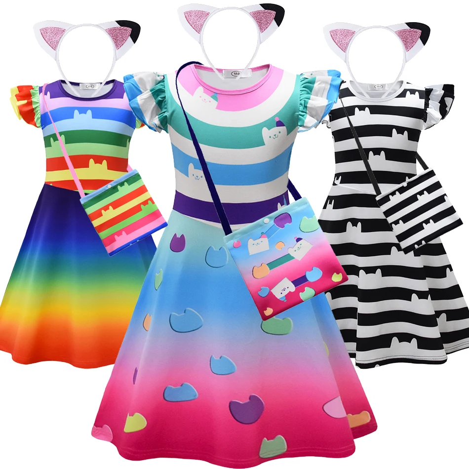 Gabby Doll Dress Up Costume Summer Girls Dollhouse Rainbow Striped Flying Sleeve Frocks Kids Casual Cute Princess Outfits Gabby Doll Dress Up Costume Summer Girls Dollhouse Rainbow Striped Flying Sleeve Frocks Kids Casual Cute Princess Outfits