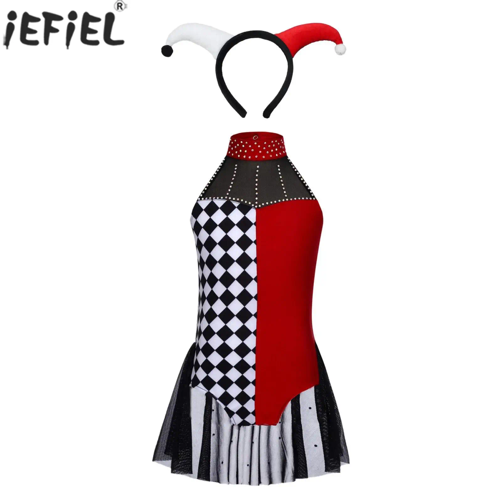 Kids Girl Circus Clown Cosplay Performance Costume Sleeveless Rhinestone Mesh Leotard Dress with Headwear for Halloween Carnival Kids Girl Circus Clown Cosplay Performance Costume Sleeveless Rhinestone Mesh Leotard Dress with Headwear for Halloween Carnival