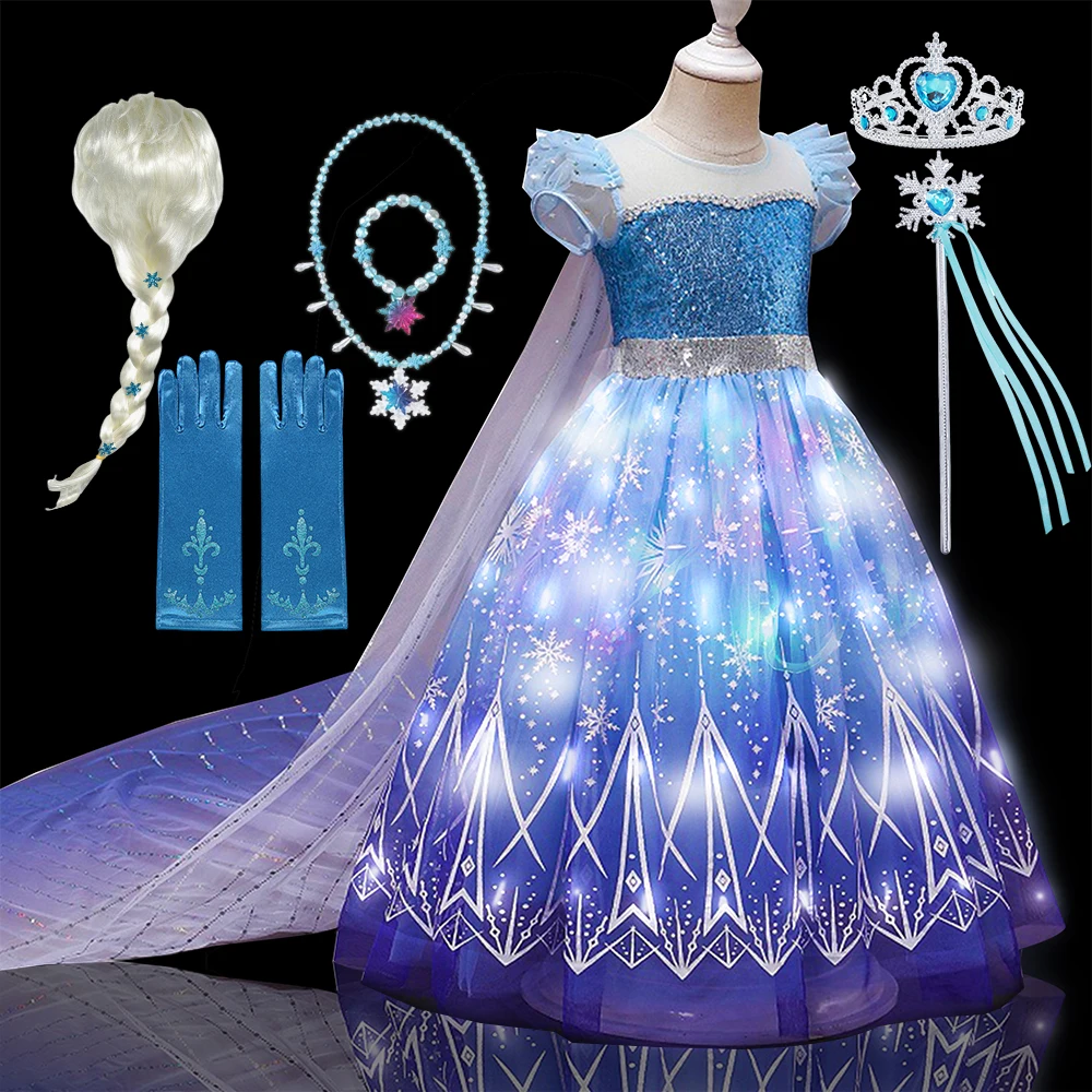 Kids Copslay Elsa LED Light Up Costume Girls Birthday Party Role Playing Princess Dress with Cape Fancy Carnival Halloween Dress Kids Copslay Elsa LED Light Up Costume Girls Birthday Party Role Playing Princess Dress with Cape Fancy Carnival Halloween Dress