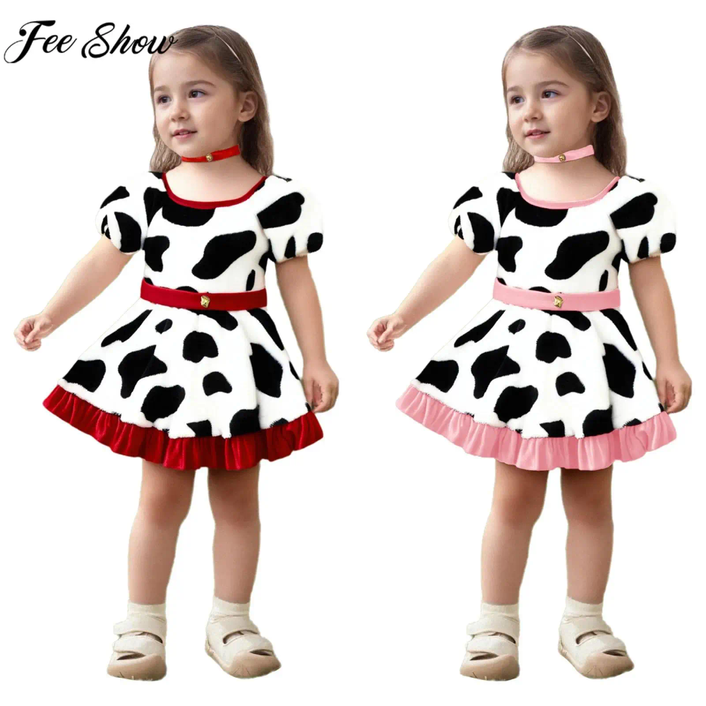 Baby Girls Dalmatian Spotted Dog Cosplay Dress Short Sleeve Soft Velvet Tutu with Belt Choker Halloween Theme Party Costume Baby Girls Dalmatian Spotted Dog Cosplay Dress Short Sleeve Soft Velvet Tutu with Belt Choker Halloween Theme Party Costume