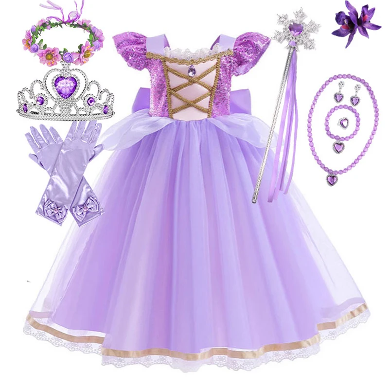 Tangled Animation Movie Princess Costume Play Dress up Sequined Frock Puffy Fancy Birthday Rapunzel Party Ball Gown Purim Outfit Tangled Animation Movie Princess Costume Play Dress up Sequined Frock Puffy Fancy Birthday Rapunzel Party Ball Gown Purim Outfit