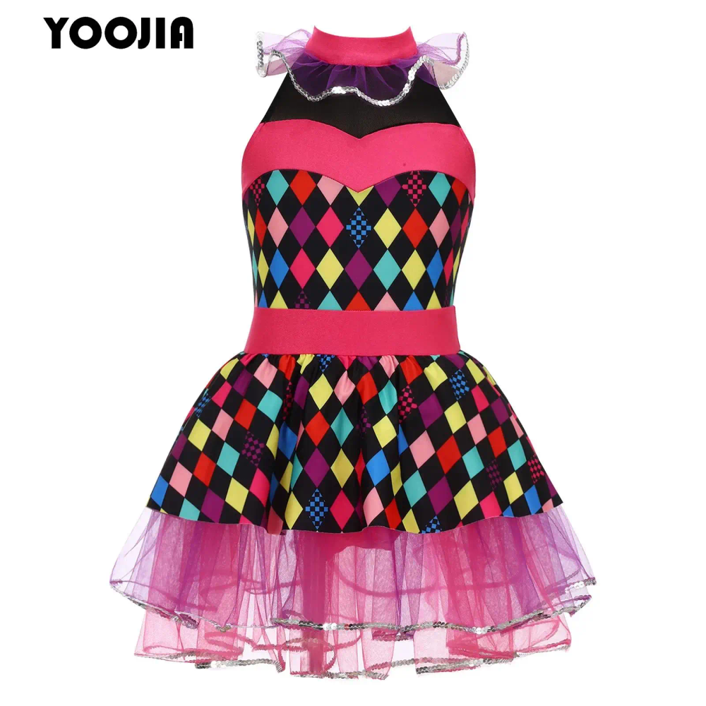 Kids Girls Circus Clown Cosplay Costume Grid Halter Sleeveless Mesh Skirt Tutu Dance Leotard Dress for Halloween Themed Party Kids Girls Circus Clown Cosplay Costume Grid Halter Sleeveless Mesh Skirt Tutu Dance Leotard Dress for Halloween Themed Party