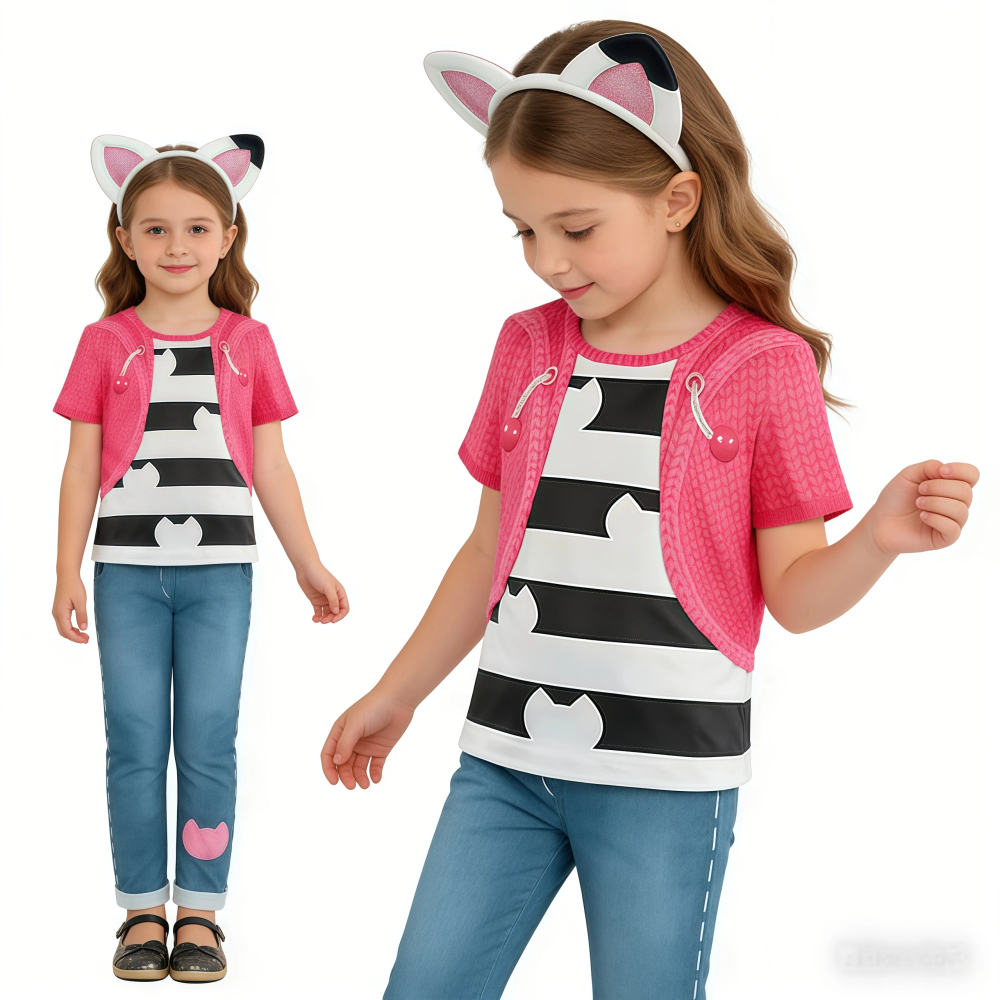 Summer Girls Cartoon Cosplay Costume Tops Pants With Cats Headwear For Kids Halloween Roleplay Birthday Party Carnival Dress Up Summer Girls Cartoon Cosplay Costume Tops Pants With Cats Headwear For Kids Halloween Roleplay Birthday Party Carnival Dress Up