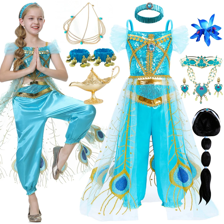Jasmine Girls Princess Dress Magic Lamp Birthday Party Cosplay Aladdin Costume Top Pant Headband Carnival Clothes Vestido Jasmine Girls Princess Dress Magic Lamp Birthday Party Cosplay Aladdin Costume Top Pant Headband Carnival Clothes Vestido