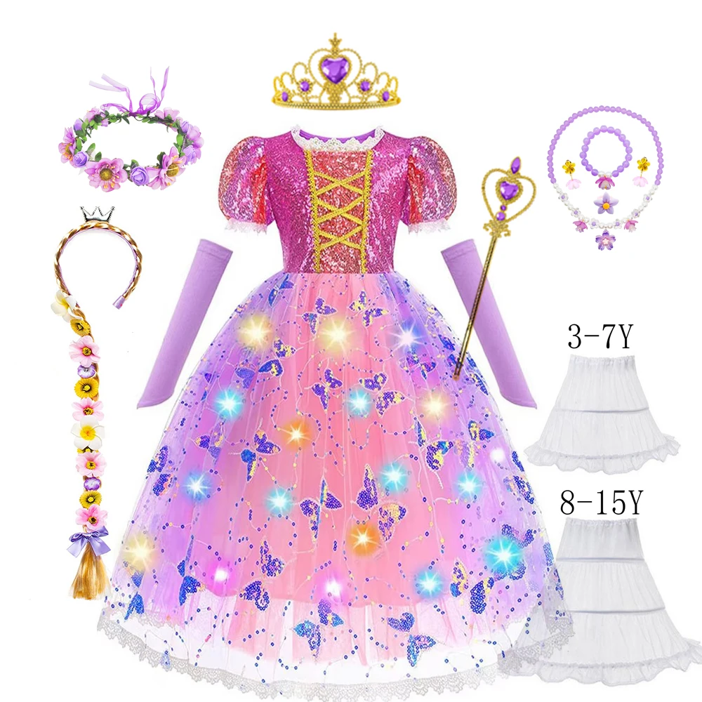 Girl Rapunzel Dress LED Light Up for Girls Kids Cosplay Party Clothes Carnival Evening Dresses Christmas Halloween Prom Gown Girl Rapunzel Dress LED Light Up for Girls Kids Cosplay Party Clothes Carnival Evening Dresses Christmas Halloween Prom Gown
