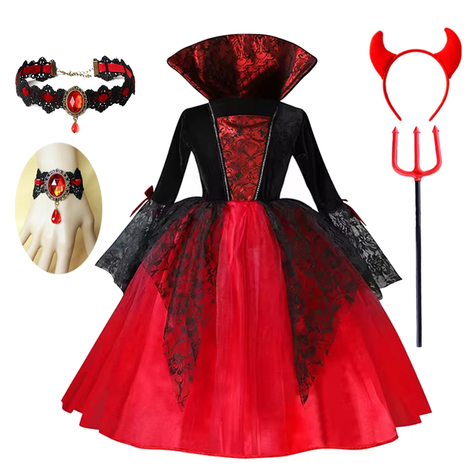 2025 Girls Cosplay Vampire Halloween Dress For Kids Ghost Bride Gothic Costume Count Vampiran Carnival Outfit Black Red Clothes 2025 Girls Cosplay Vampire Halloween Dress For Kids Ghost Bride Gothic Costume Count Vampiran Carnival Outfit Black Red Clothes