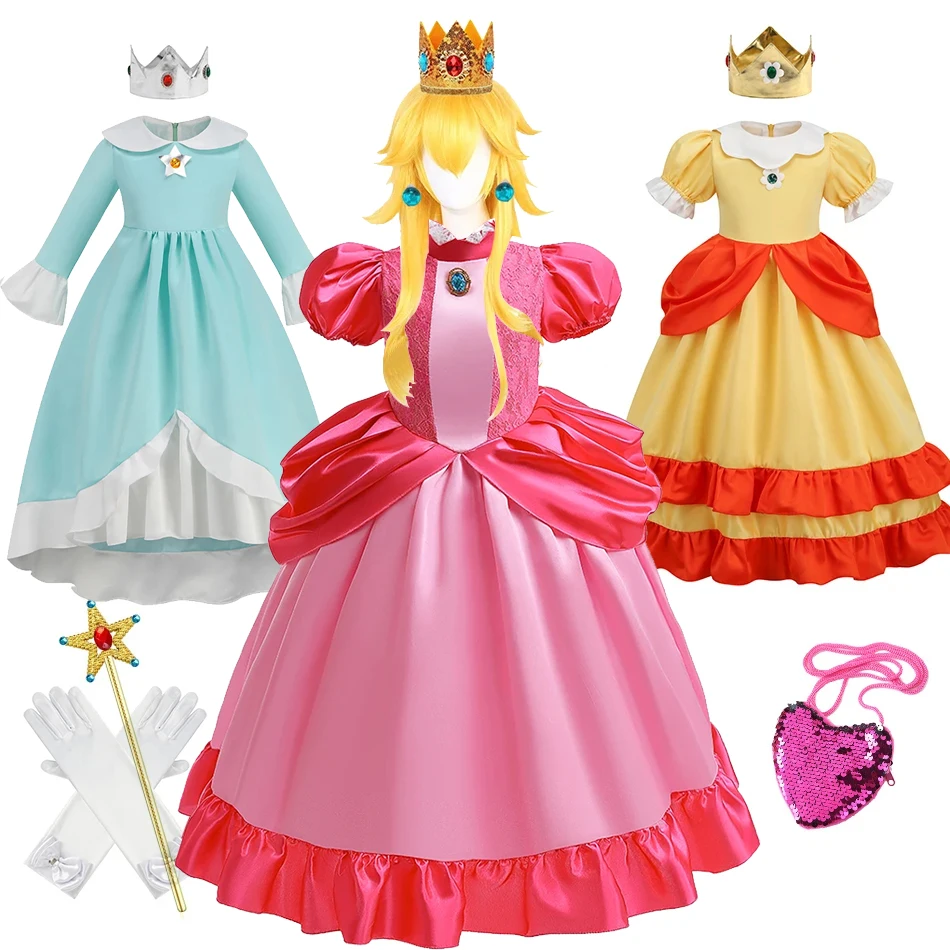 Peach Princess Dress Girl 2-10 Yrs Daisy Cosplay Costume Rosalina Dress Up Clothes Children Birthday Theme Party Carnival Outfit Peach Princess Dress Girl 2-10 Yrs Daisy Cosplay Costume Rosalina Dress Up Clothes Children Birthday Theme Party Carnival Outfit