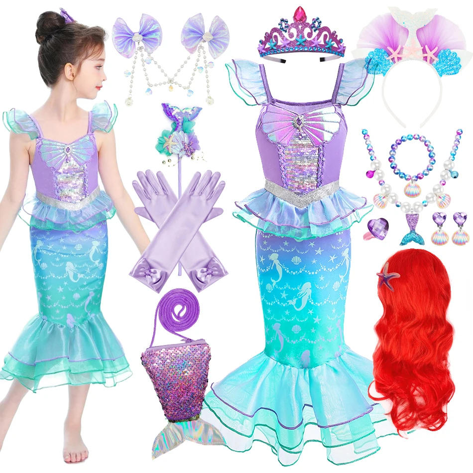 Mermaid Ariel Cosplay Princess Costume Kids Cartoon Printed Dress Girls Halloween Children Carnival Birthday Party Clothes Mermaid Ariel Cosplay Princess Costume Kids Cartoon Printed Dress Girls Halloween Children Carnival Birthday Party Clothes