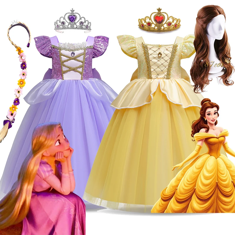 Disney Rapunzel Belle Dress Kids Girl Disguise Carnival Princess Costume Birthday Party Outfit Yellow Clothes Purple Vestidos Disney Rapunzel Belle Dress Kids Girl Disguise Carnival Princess Costume Birthday Party Outfit Yellow Clothes Purple Vestidos