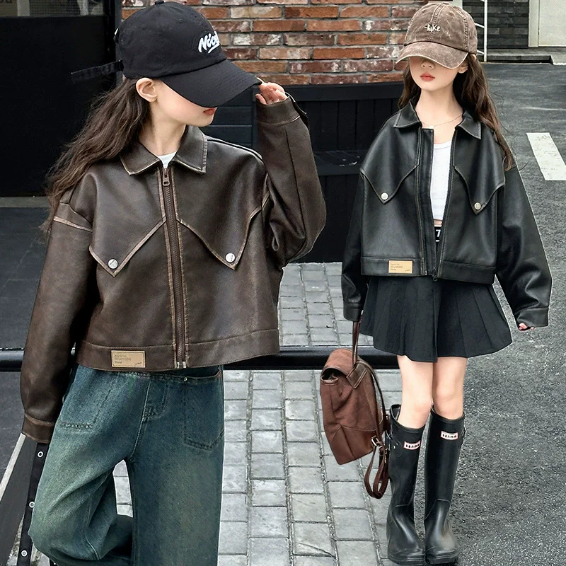 Fashion Teen Girls Motorcycle Leather Jacket Casual Lapel PU outerwear Child Clothing Black Brown kids Spring Autumn coat 4-14Y Fashion Teen Girls Motorcycle Leather Jacket Casual Lapel PU outerwear Child Clothing Black Brown kids Spring Autumn coat 4-14Y