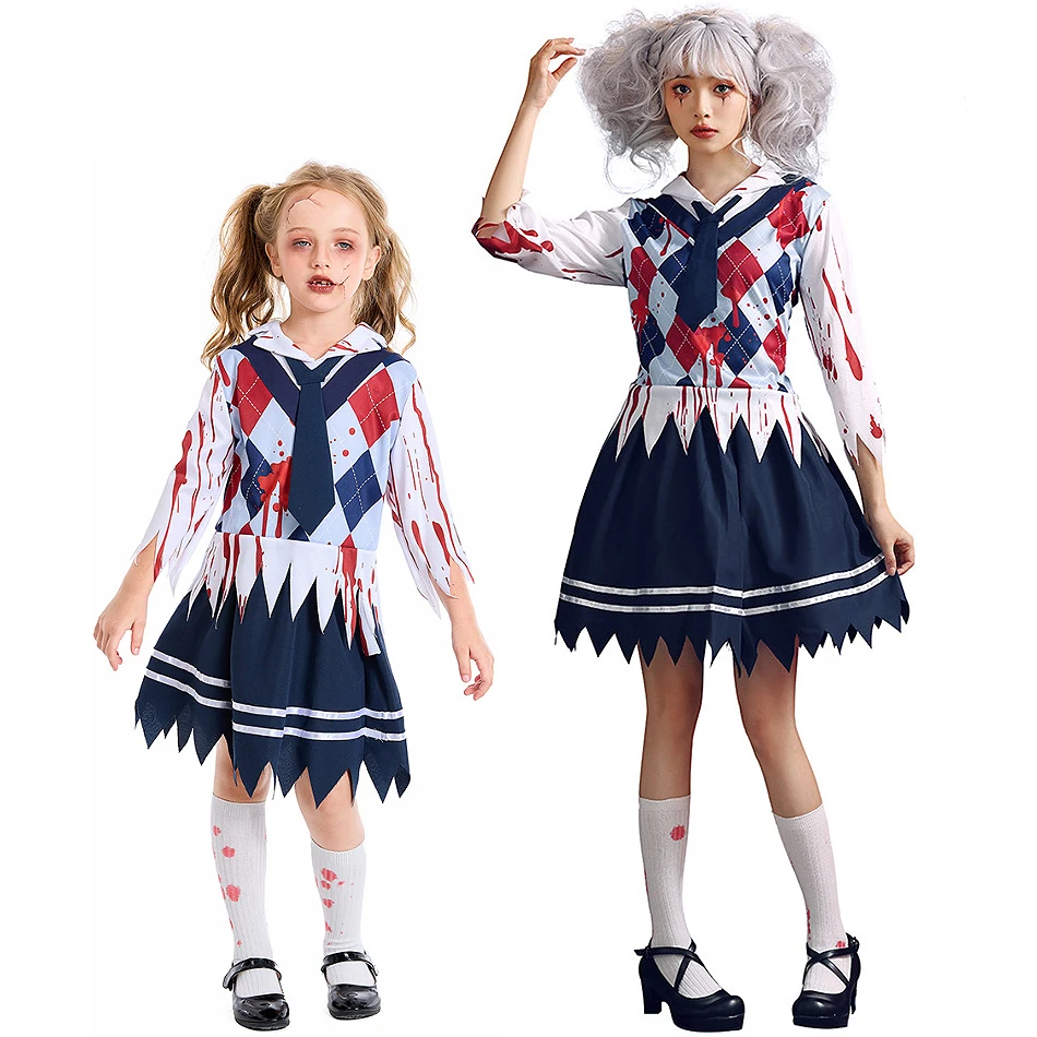 Girl Halloween Masquerade Party Outfits Adult Zombie Bloodstained Dress Up Student Uniform Top Skirt Set Kid Performance Clothes Girl Halloween Masquerade Party Outfits Adult Zombie Bloodstained Dress Up Student Uniform Top Skirt Set Kid Performance Clothes