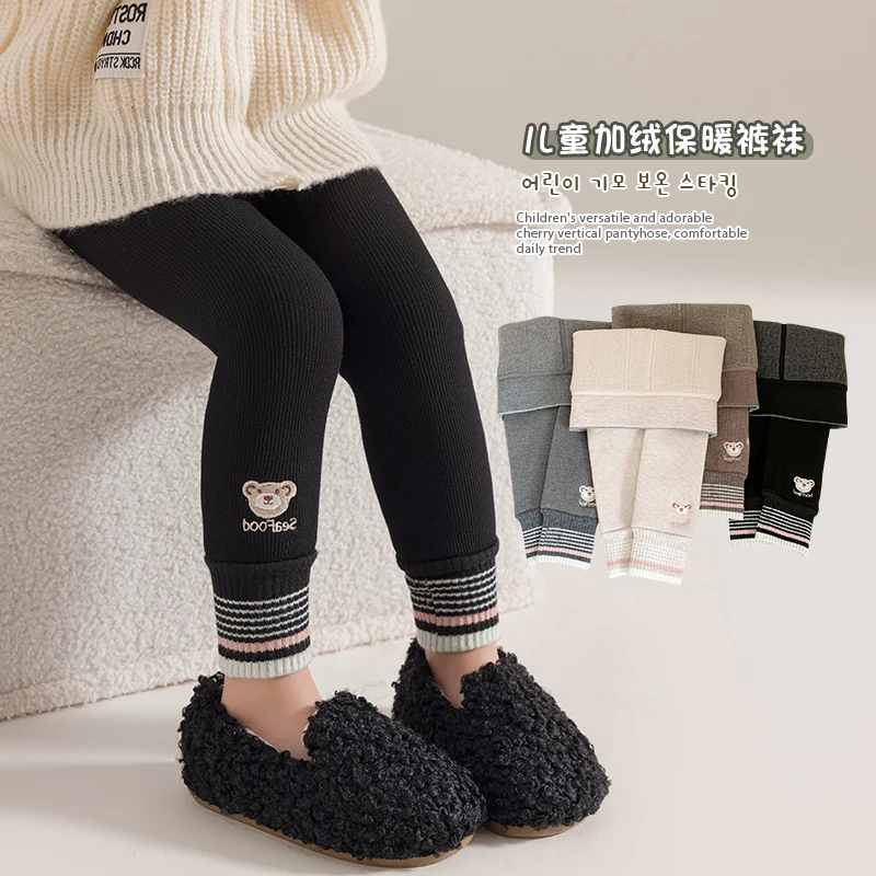 2026 Children Striped Bear Printed Thick Fleece Nine-Point Leggings Spring Autumn Trendy Style Soft Warm High Elastic All-Match 2026 Children Striped Bear Printed Thick Fleece Nine-Point Leggings Spring Autumn Trendy Style Soft Warm High Elastic All-Match