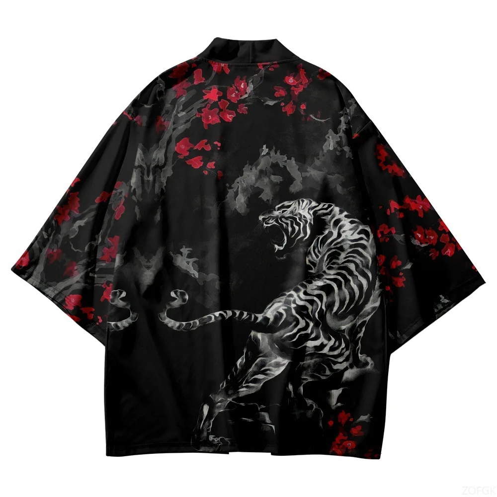 Black Kimono Open Collar Men's and Women's Japanese Obi Men's Yukata Boy Haori Anime Tiger Patterned Jacket Top Black Kimono Open Collar Men's and Women's Japanese Obi Men's Yukata Boy Haori Anime Tiger Patterned Jacket Top