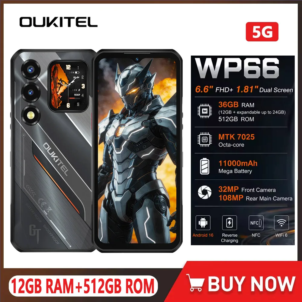 OUKITEL WP66 5G Rugged Smartphone, 11000mAh 12GB+512GB 6.6" FHD+1.81"Dual Screen 120Hz,108MP NFC MTK Android 16 5G Mobile Phone
