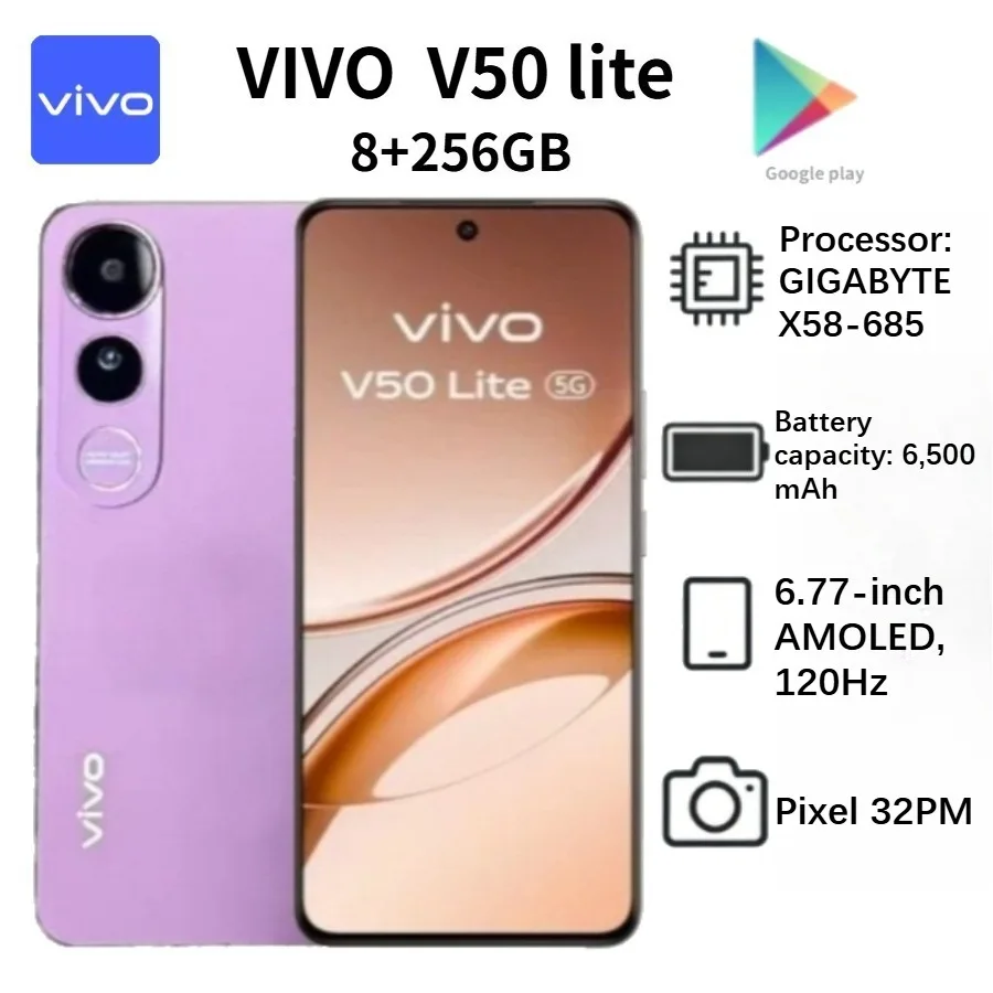 2026 (Latest Model) vivo V50 Lite 5G Global Edition Smartphone, 6.77-inch 120Hz AMOLED Display, 6500mAh Battery, 8+256GB