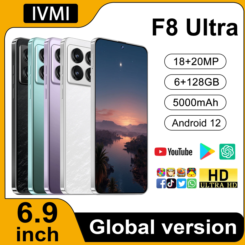 IVMI Global F8 Ultra Smartphone Android 128GB ROM 6.9'' 20MP Dual SIM Fingerprint Face Unlock 4G Network 5000Mah Mobile Phones