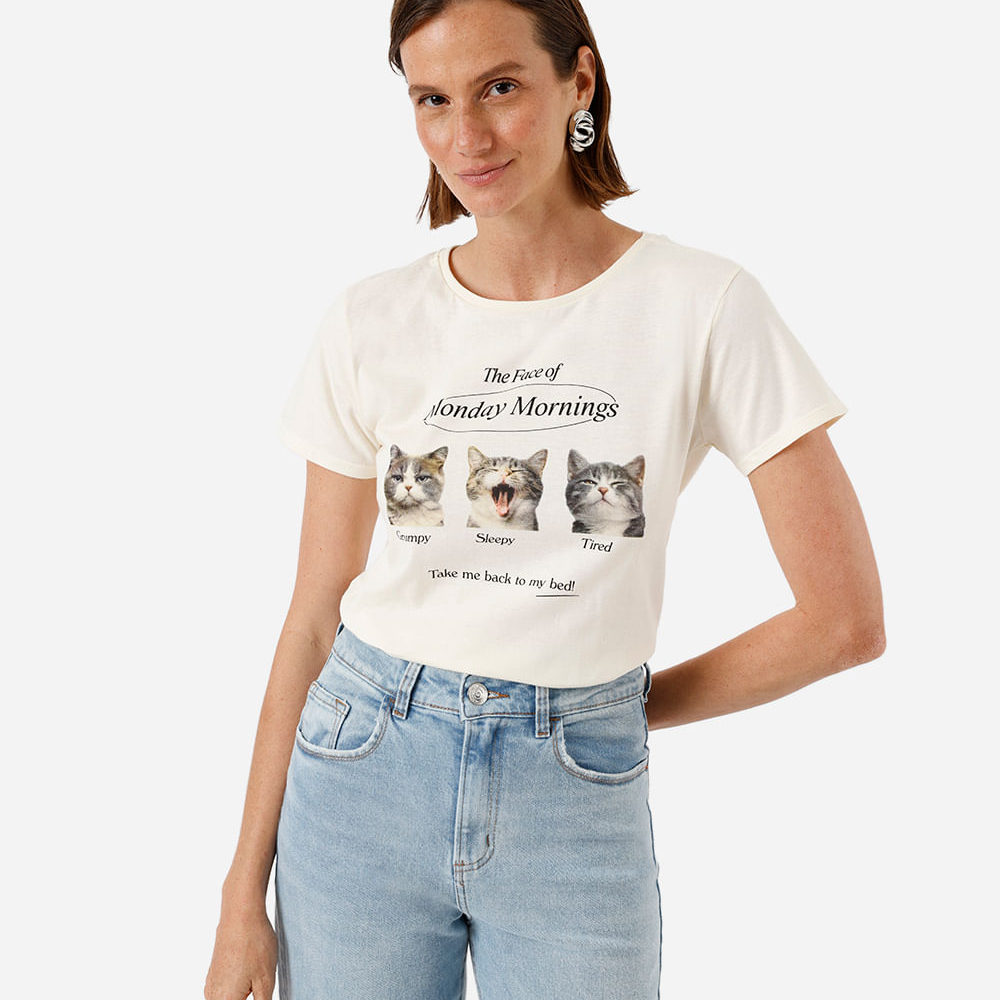 Camiseta feminina de algodão gatinhos monday mornings bege Camiseta feminina de algodão gatinhos monday mornings bege