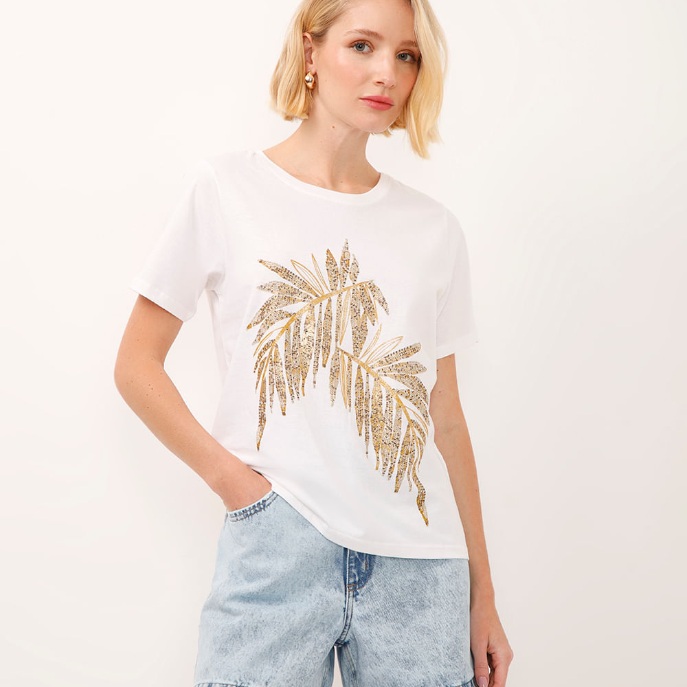 Camiseta de algodão manga curta folhagem metalizada off white Camiseta de algodão manga curta folhagem metalizada off white