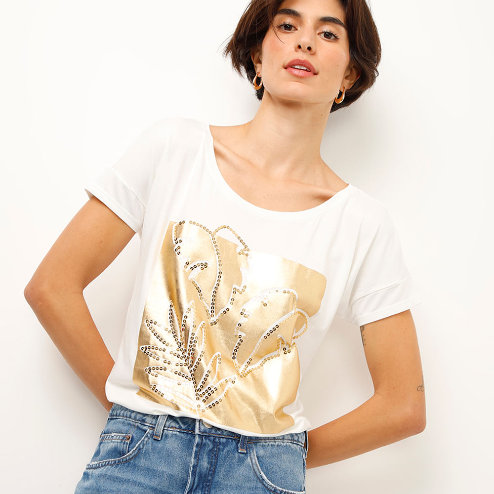 Blusa de viscose folhagem metalizada off white Blusa de viscose folhagem metalizada off white