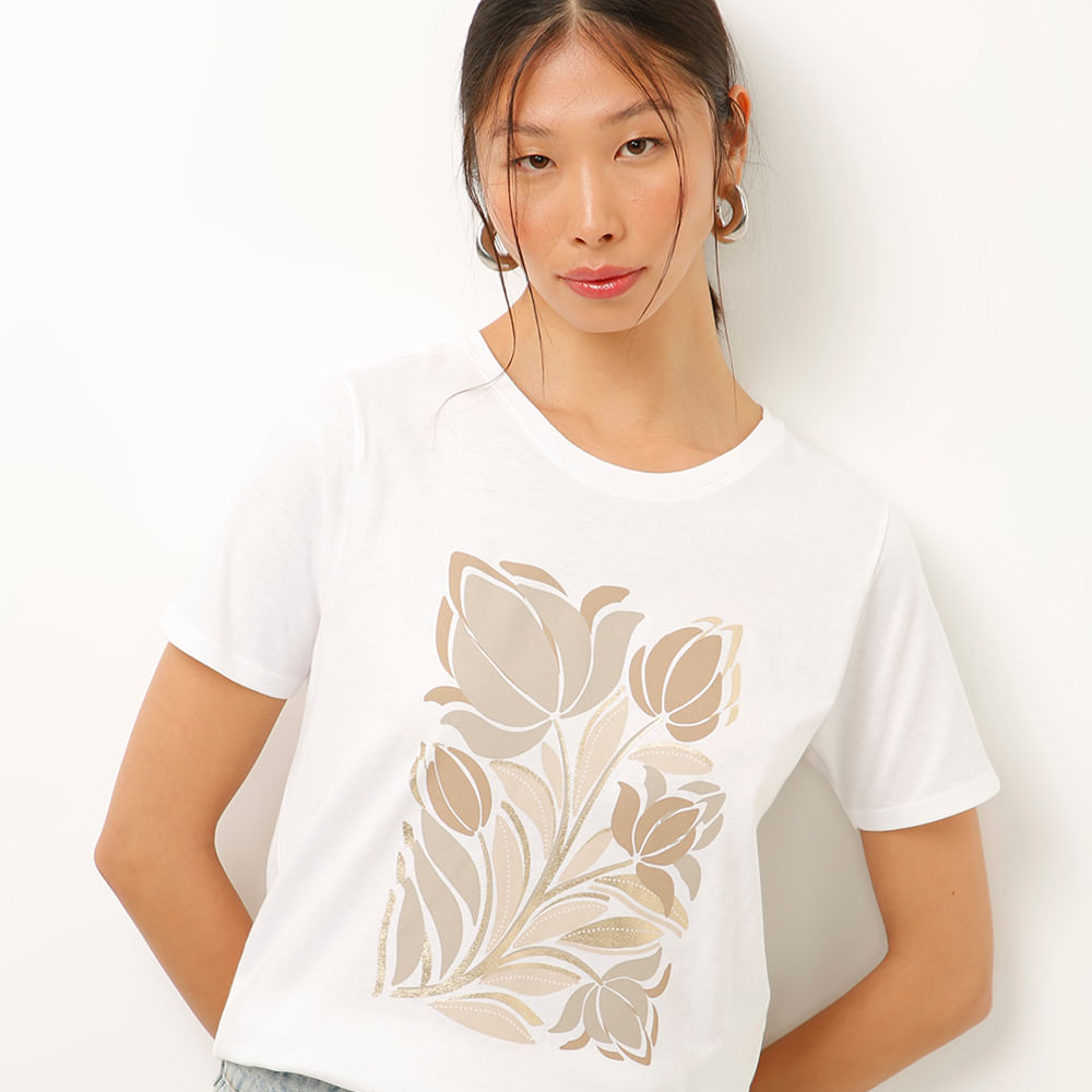 Camiseta de algodão floral metalizada off white Camiseta de algodão floral metalizada off white
