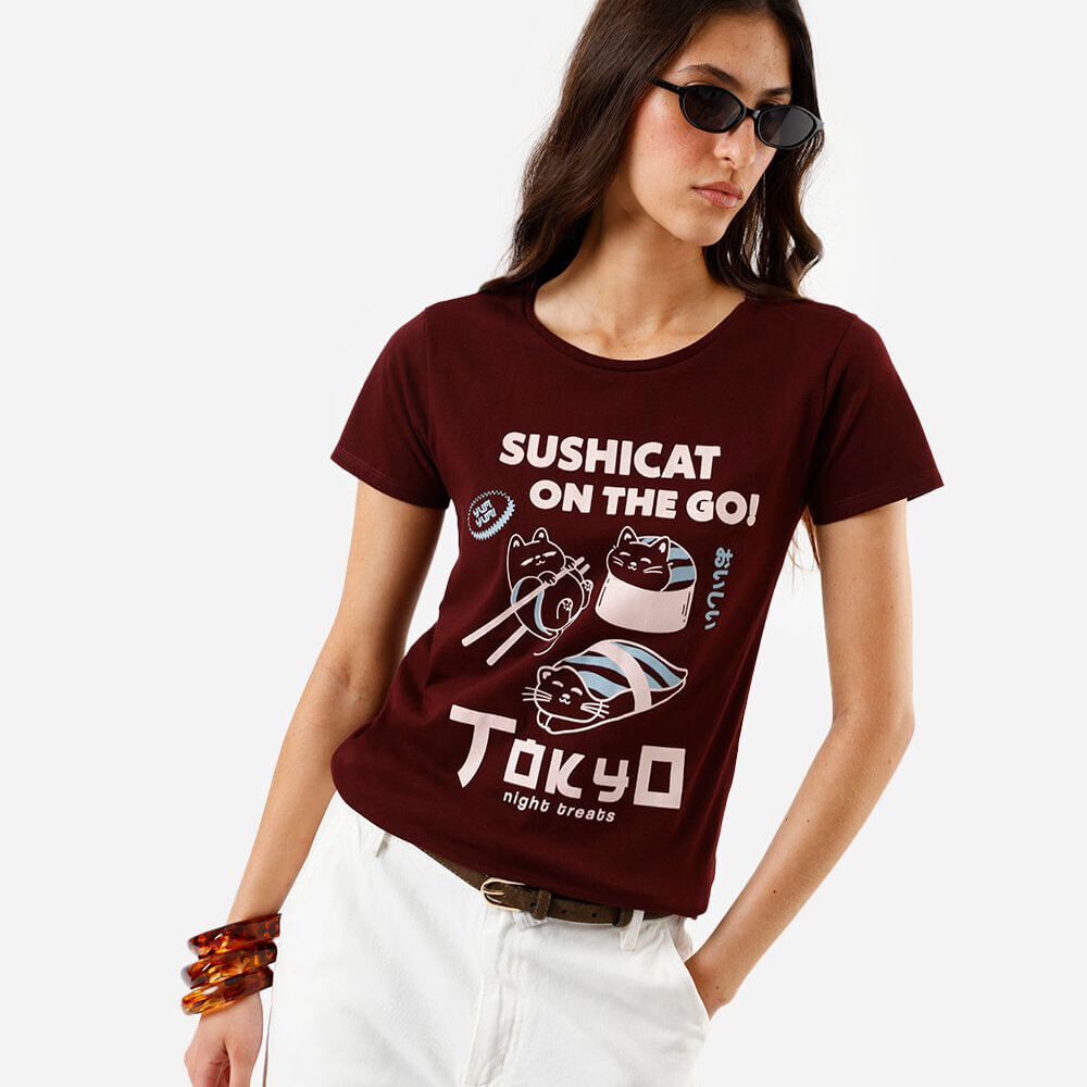 Camiseta feminina de algodão estampada vinho Camiseta feminina de algodão estampada vinho