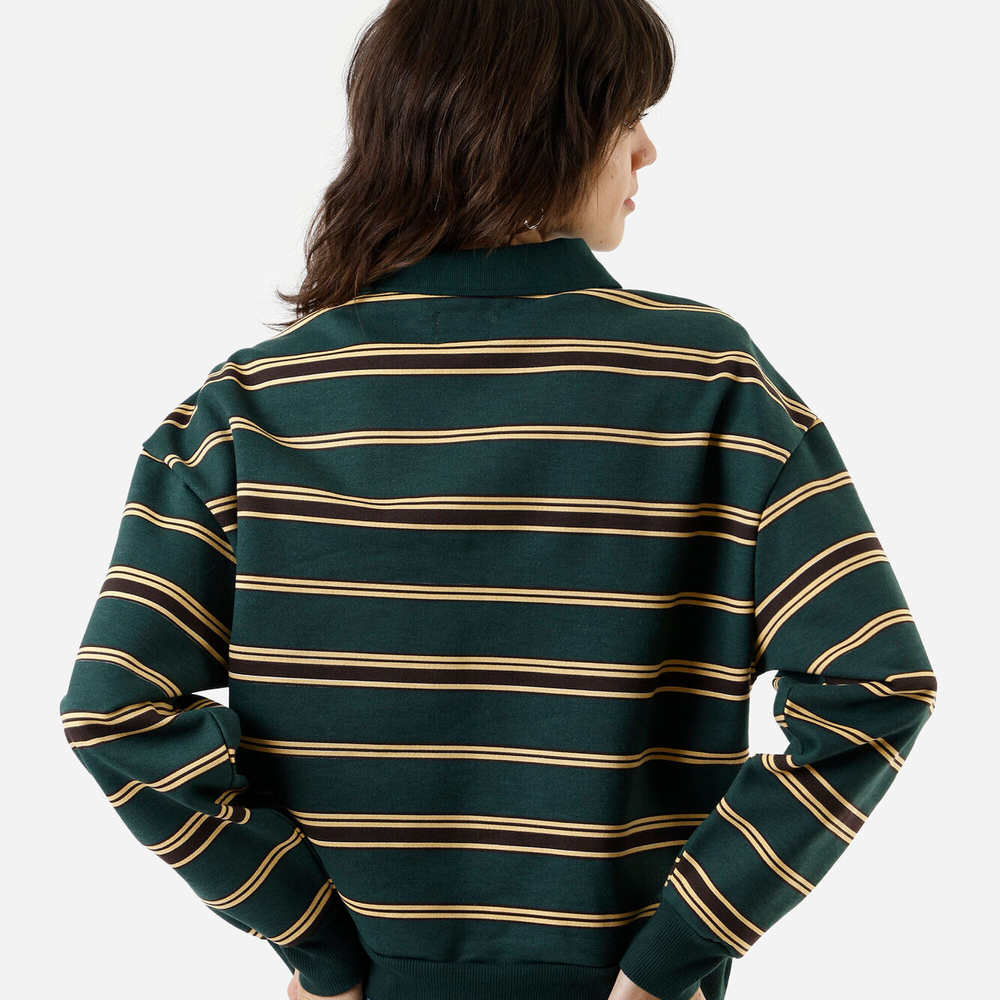 Blusão feminino de moletom com gola esporte listrado - verde escuro Blusão feminino de moletom com gola esporte listrado - verde escuro