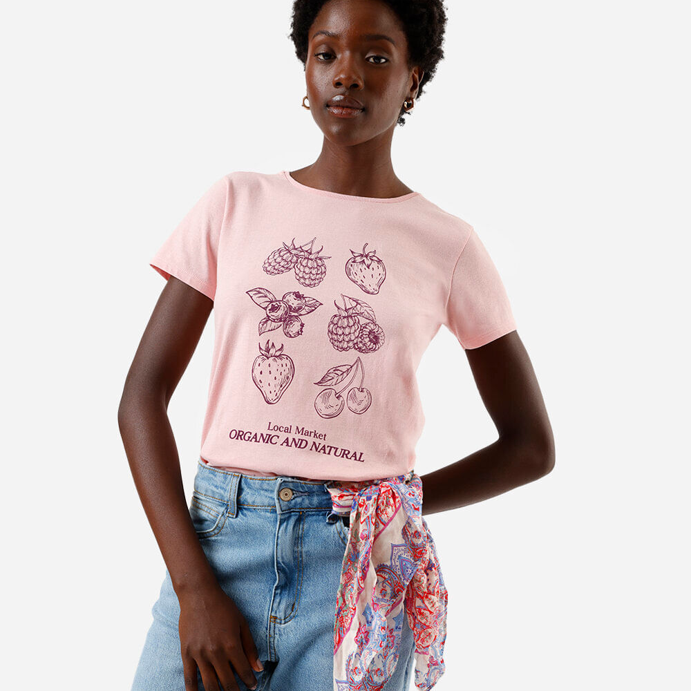 Camiseta feminina de algodão estampada rosa Camiseta feminina de algodão estampada rosa