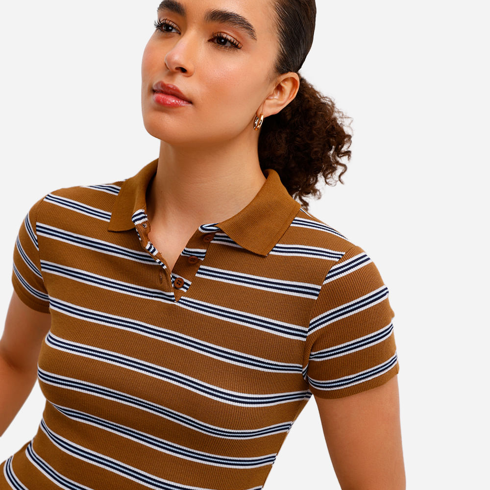 Polo básica feminina com algodão canelada listrada marrom Polo básica feminina com algodão canelada listrada marrom