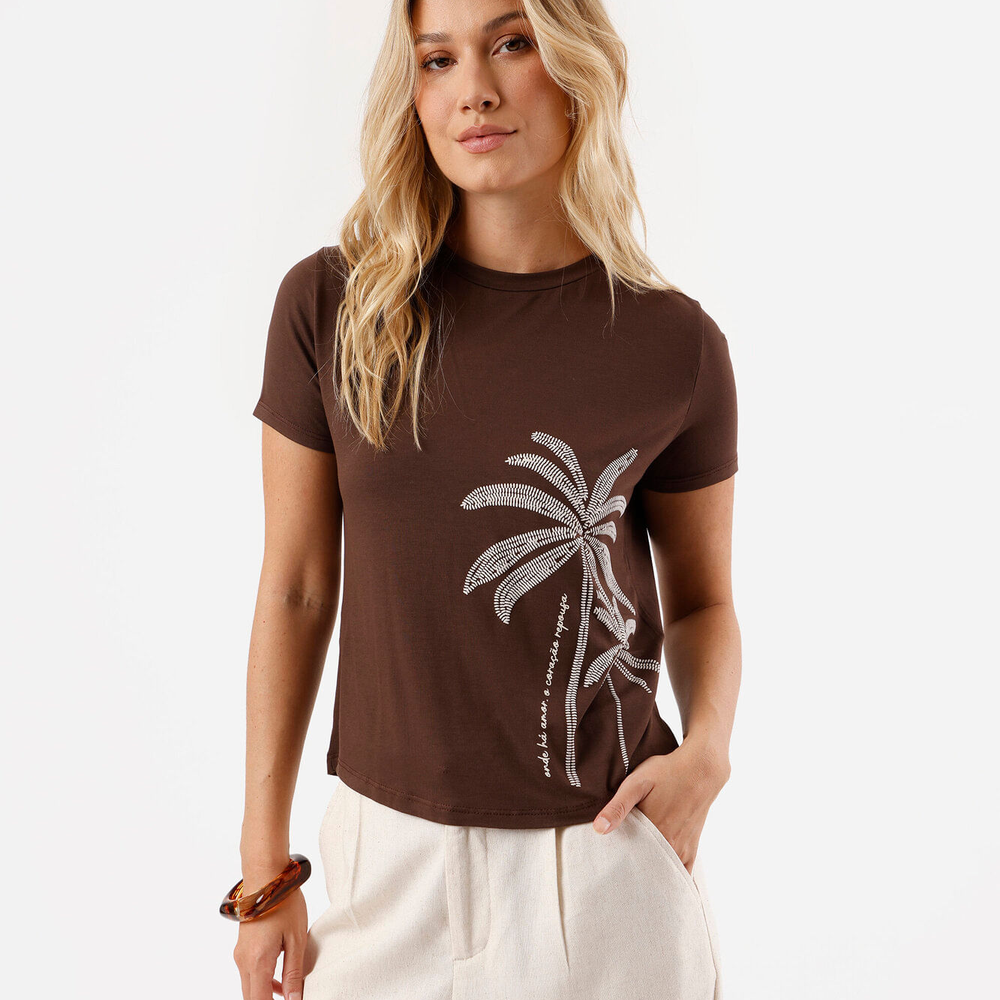 Blusa feminina de viscose decote redondo folhagens marrom Blusa feminina de viscose decote redondo folhagens marrom
