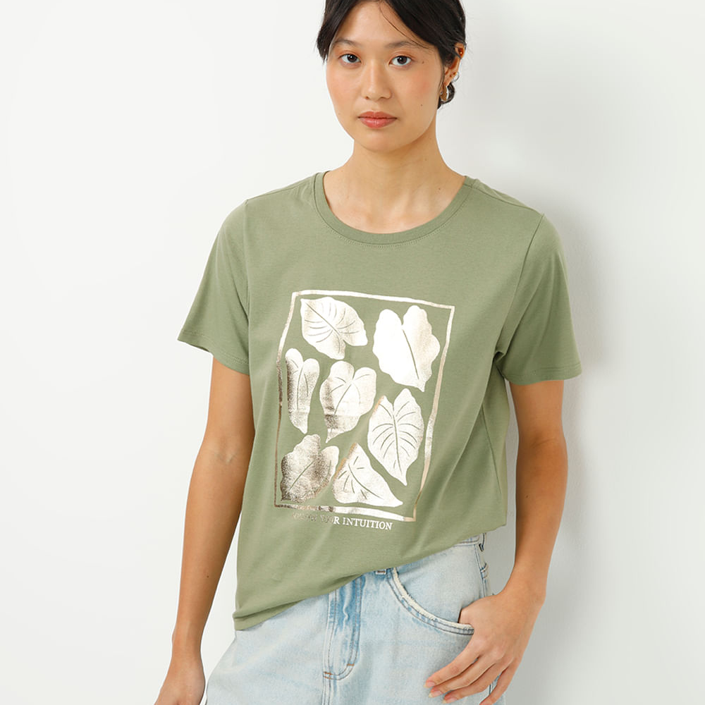 Camiseta de algodão manga curta folhagem metalizada verde Camiseta de algodão manga curta folhagem metalizada verde