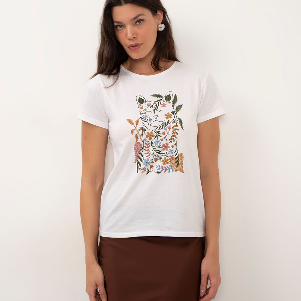 Camiseta de algodão gato com flores off white Camiseta de algodão gato com flores off white
