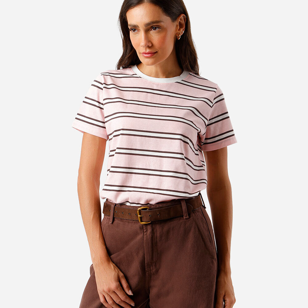 Camiseta feminina básica duas listras rosa Camiseta feminina básica duas listras rosa