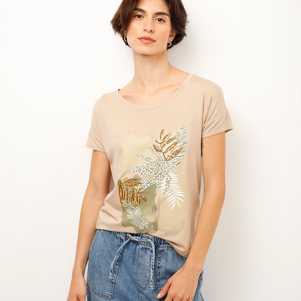 Blusa de viscose folhagem com paetê bege Blusa de viscose folhagem com paetê bege