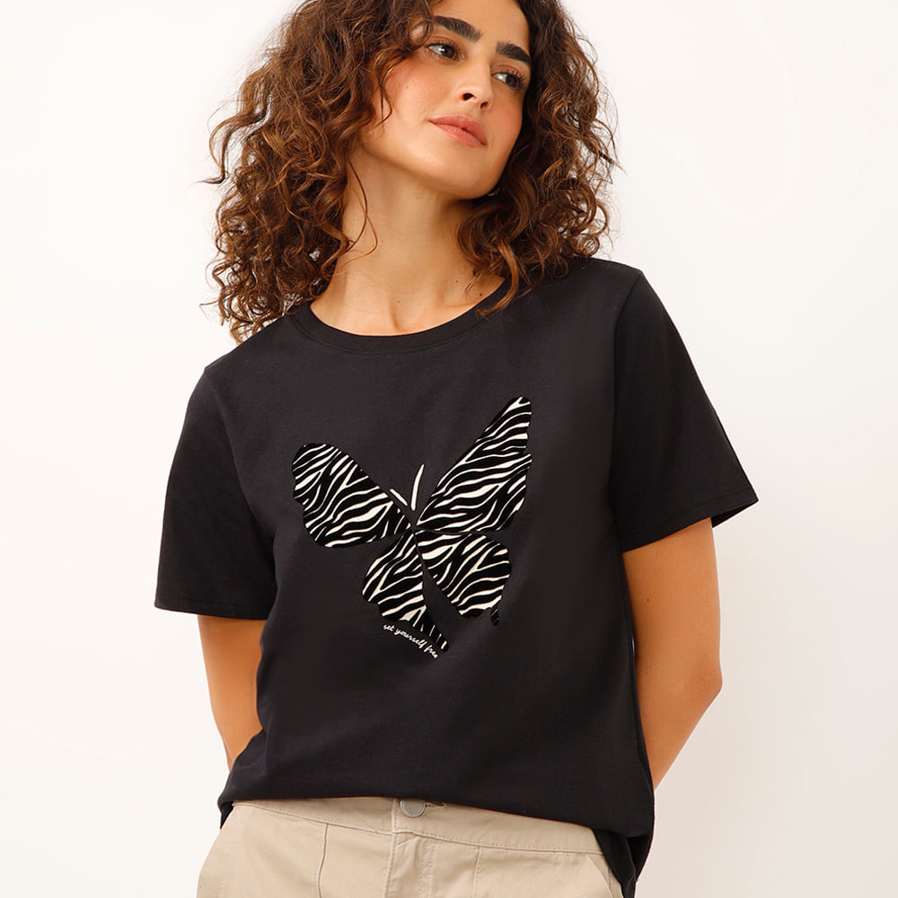 Camiseta de algodão manga curta borboleta preta Camiseta de algodão manga curta borboleta preta